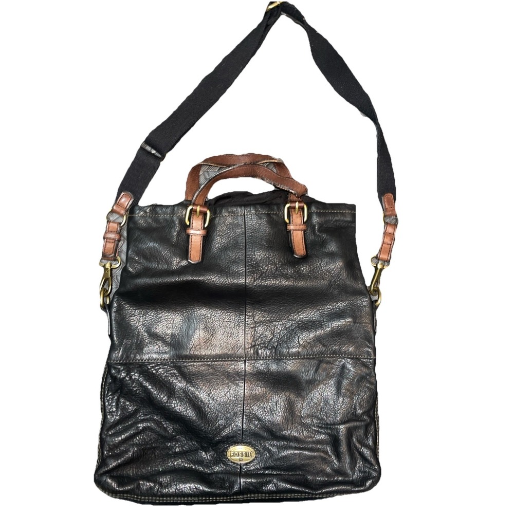 Vintage Fossil Explorer Black Leather Foldover Satchel Crossbody‎ Bag Hipster
